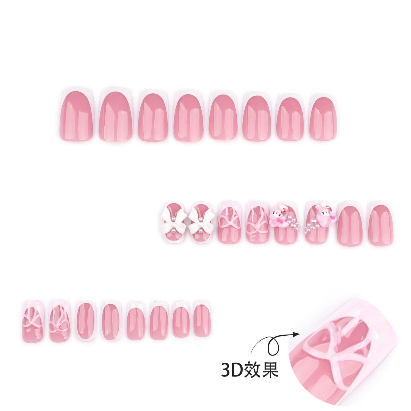 White French Tip Press on Nails Short with Charms Bow Pearl Design, Pink French Nails Press ons Cute False Nails Short Square Nail Art Full Cover Stick on Nails for Women Manicure Decorations 24Pcs