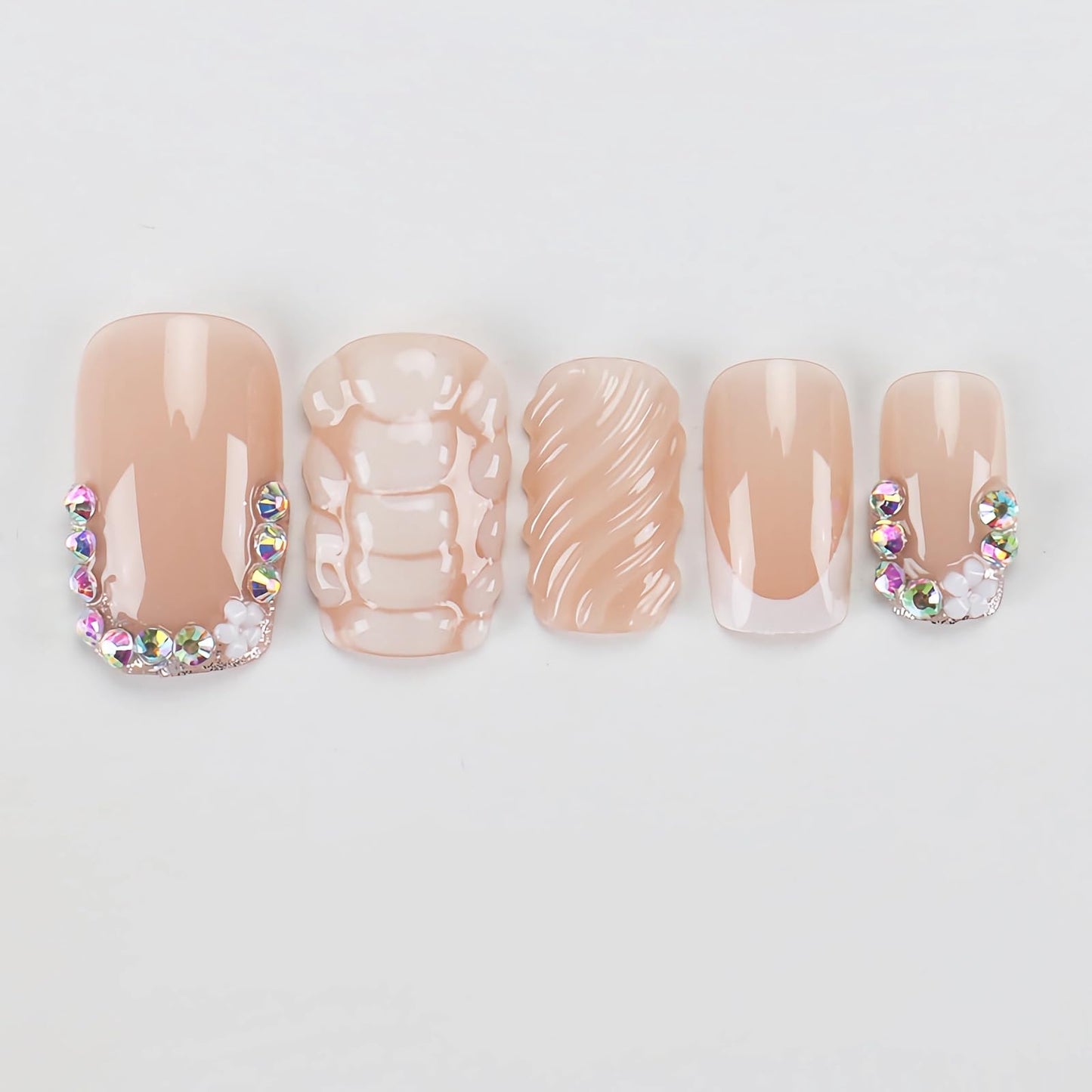 BABALAL Acrylic Press on Nails Short Square Fake Nails with Glue White French Tip 3D Texture Handmade Design False Nails Supplies with Charm Bling Press-ons 24Pcs Squoval for Women Girls