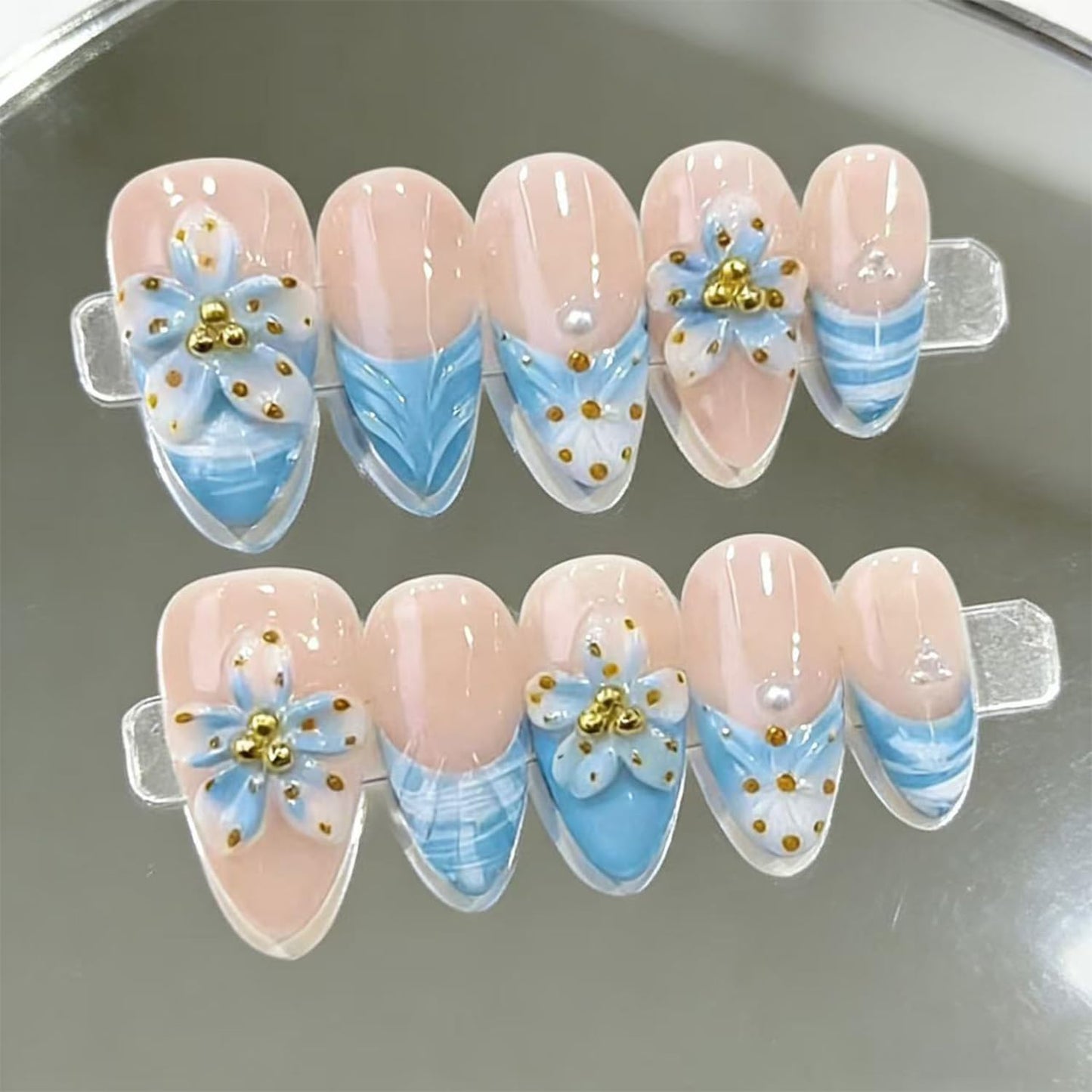 Handmade Press On Nails – Medium Almond False Nails for Women, Reusable Acrylic White French Tip with Flowers & 3D Pearl Design – Salon Quality Fake Nails 10Pcs(S)