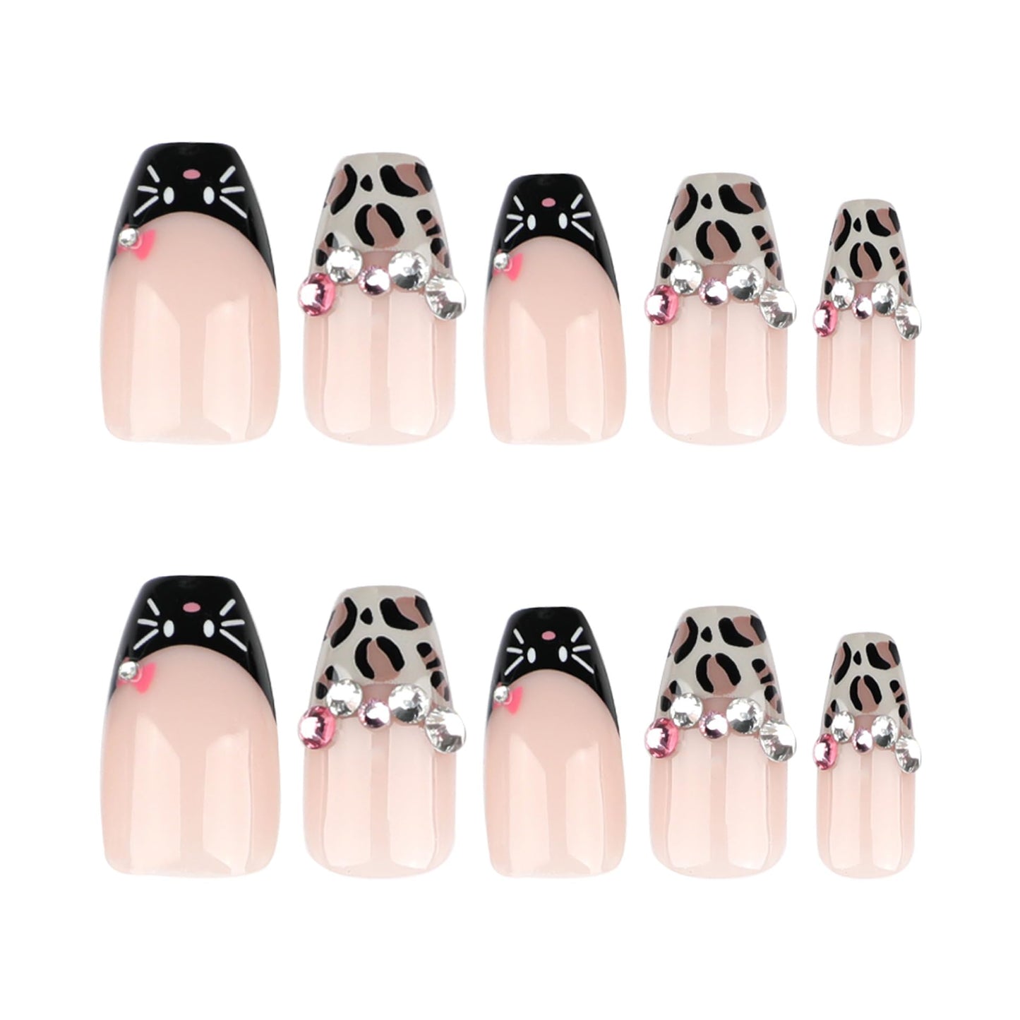 Rilafuvu Press on Nails Medium Ballerina Fake Nails Leopard French Tip Glue on Nail with Rhinestones Designs Acrylic Nails Cute Cat False Nails 24Pcs Coffin Stick on Nail for Women Girls