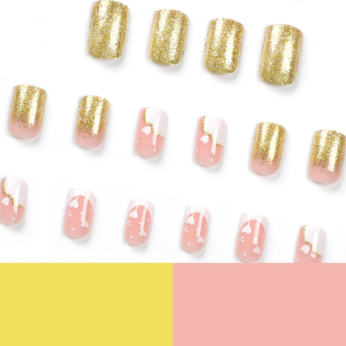 Vezocim 24Pcs Press on Nails Medium White Heart Glossy Full Cover Artificial Gold Glitter Fake Nails with Designs Acrylic Square False Nails with Glue Coffin Stick on Fingernails for Women Girls