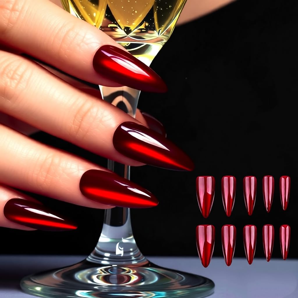LTXHZYYL Red Cat Eye Press on Nails, 24 Pcs Dark Red Medium Almond Fake Nails Kit, Reusable Christmas Artificial Acrylic Nails for Women Girls Holiday Party Gifts