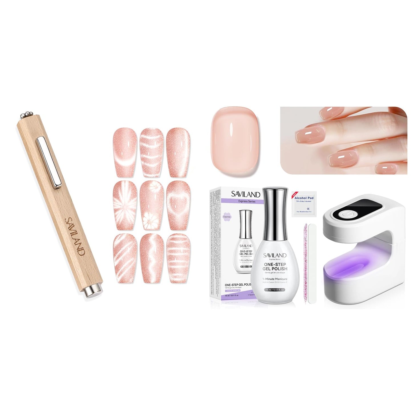 SAVILAND 3-in-1 Cat Eye Magnetic for Nail & One-Step Gel Nail Polish Kit: Sheer Jelly Nude 5-In-1 Gel Polish with U V Light