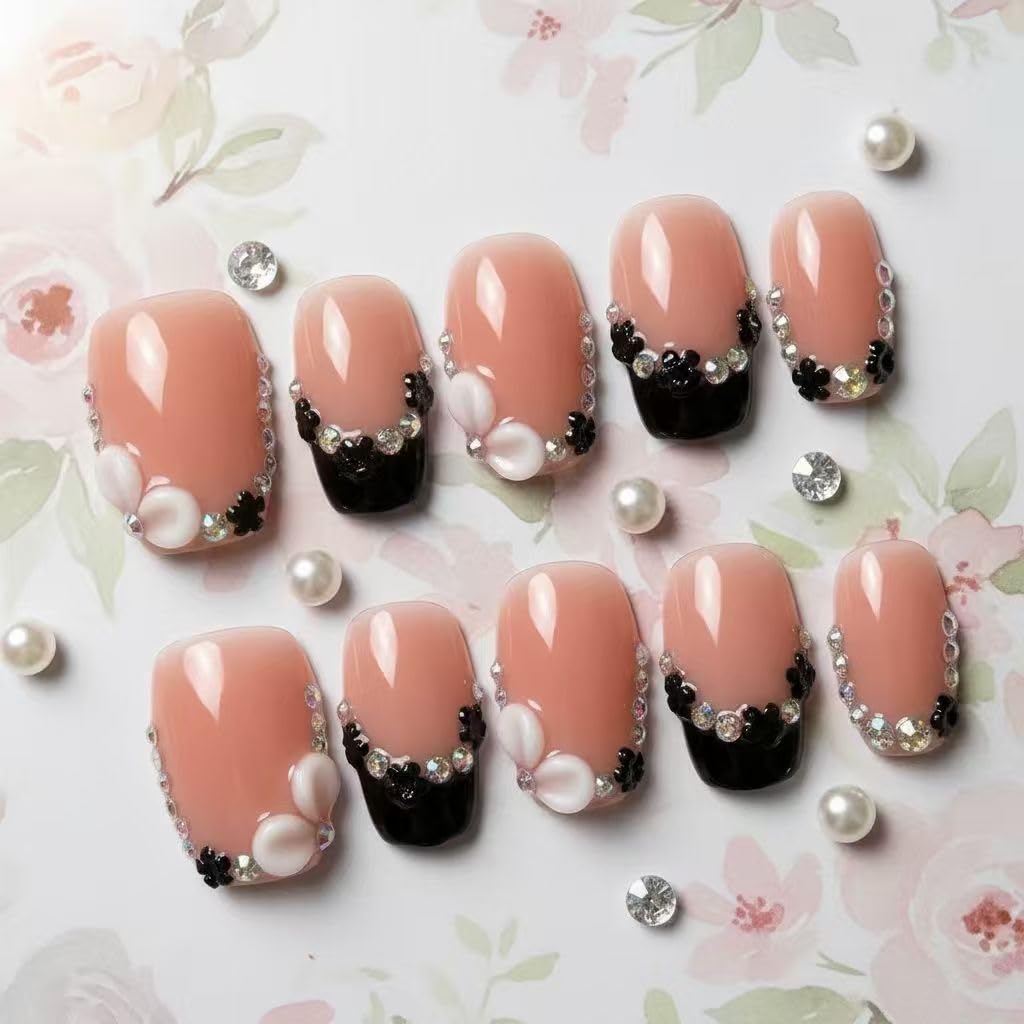 MikaJayboo Handmade Medium Square Press on Nails Black French Tip Fake Nails with 3D White Flower & AB Rhinestone with Women and Girls for Daily Party 10Pcs(Size M)