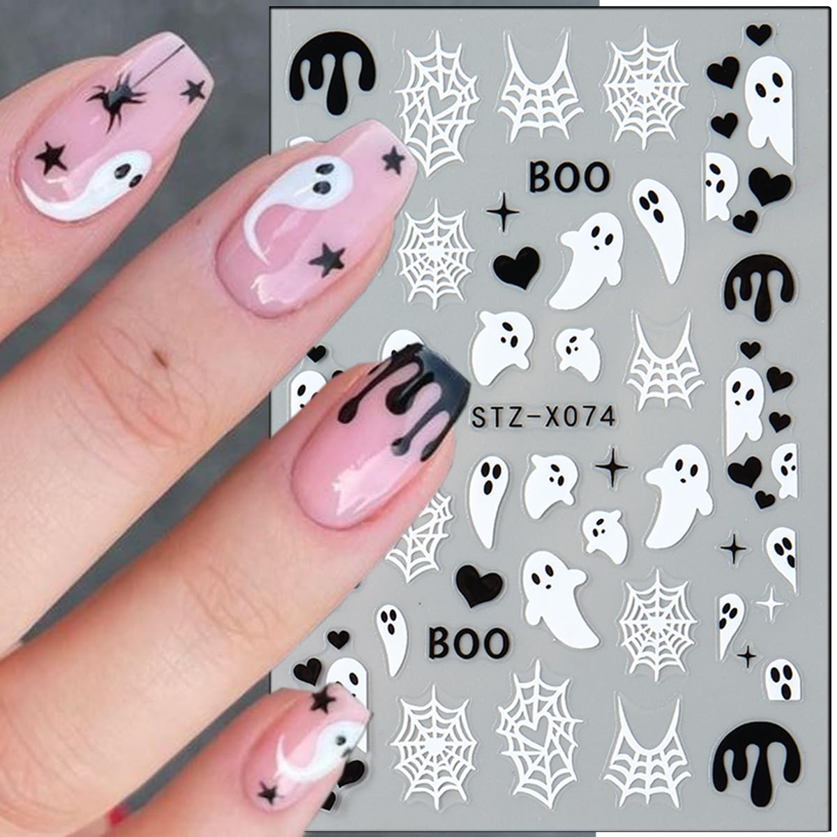6 Sheets Halloween Nail Stickers Cute Ghost Nail Decals 3D Spider Web Goth Nail Design Sticker Scary Bloody Spider Nail Art Stickers French Manicure Decals Decoration for Women Holiday Salon Supplies