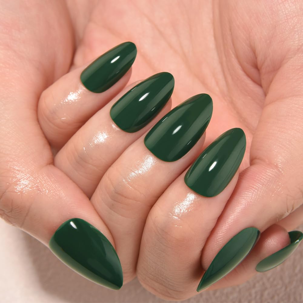 evpct Green Glossy Press on Nails Short Almond, Glossy Green Fake Nails False Nail Pure Color with Kit, Salon Quality Soft Gel Stick on Acrylic False Soft Nails Reusable Full Cover for Women Manicure