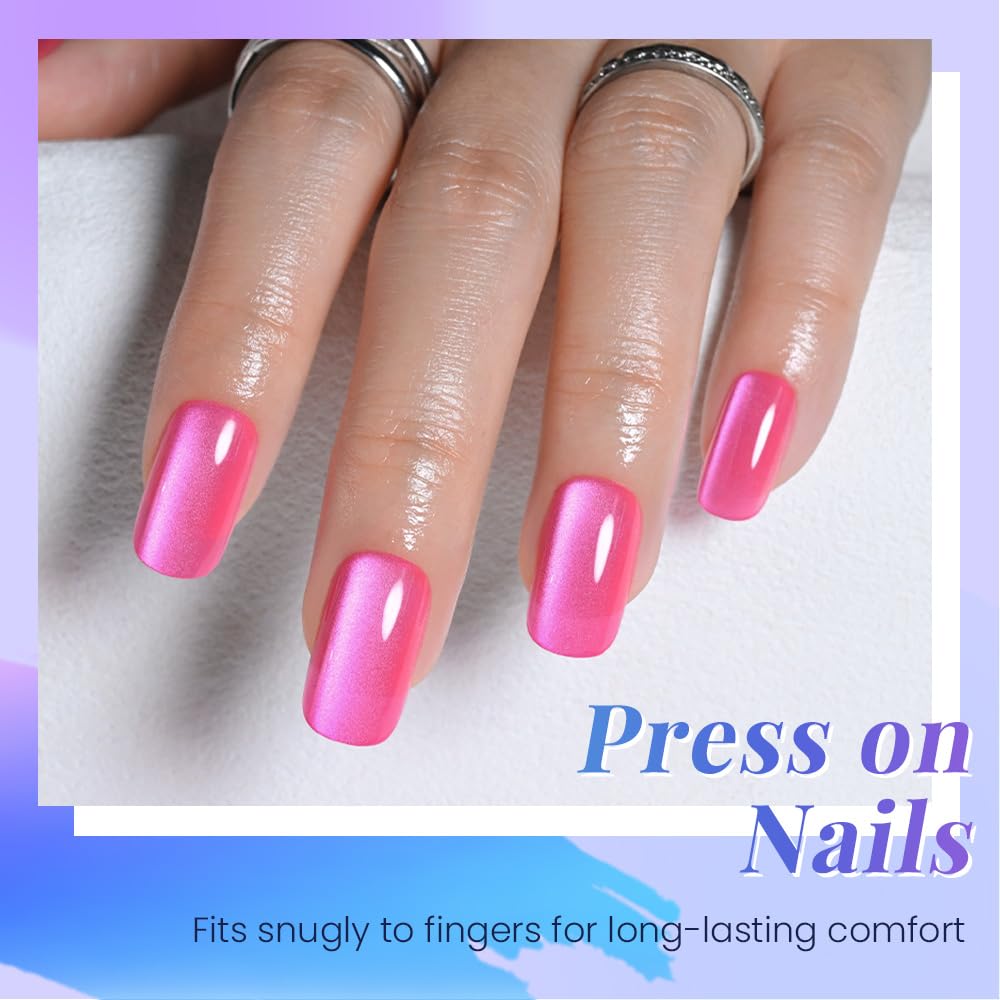 evpct Hot Pink Cat Eye Square Medium Press on Nails for Women, Rose Red Medium Square No Glue Stick on Nails with Cat Eye Design, Holographic Glossy Soft Nail, Reusable Press on Acrylic Fake Nail