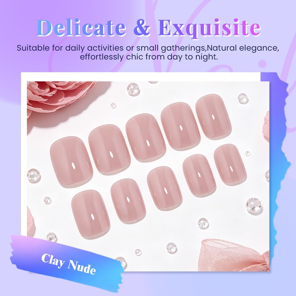 evpct Clay Nude Glossy Squoval Short Press on Nails for Women, Clay Nude Extra Short Squoval No Glue Stick on Nails with Kit, Reusable Full Cover Soft Press on Fake Nail Salon-quality Perfectly Fit