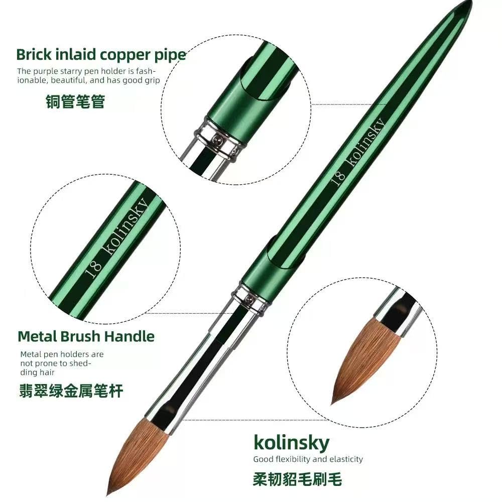 100% Kolinsky Nail Art Brushes Acrylic Nail Brushes Pure Kolinsky Hair Acrylic Crystal Chrome Green Handle with Silver Ferrule Round Shaped for Women Girls Manicure Tools Accessories-Size 10