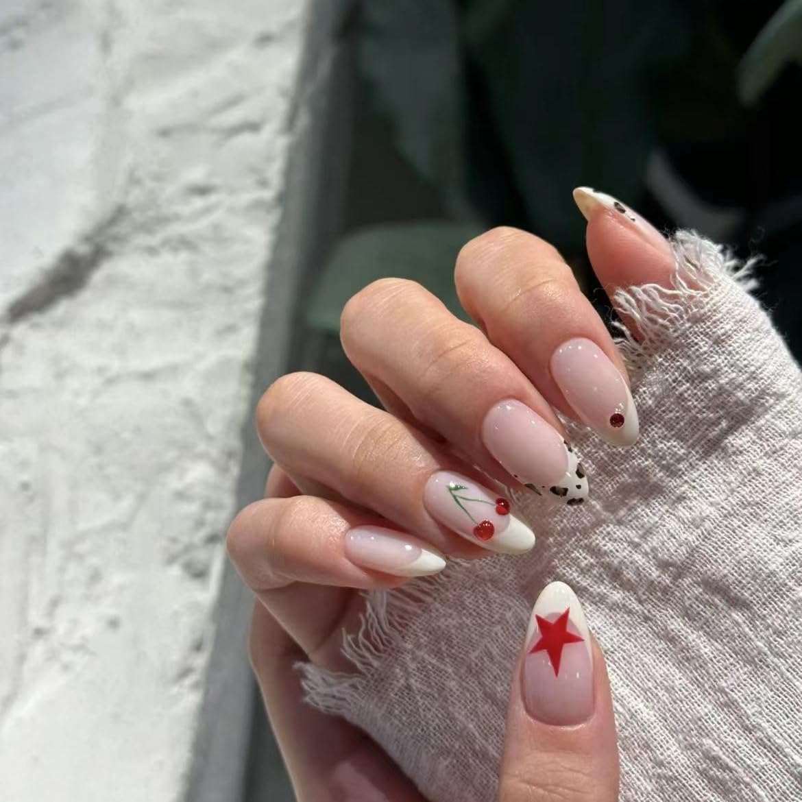 Handmade White French Tip Press on Nails Almond Summer Cherry Fake Nails Medium Length Glue on Nails Glossy Almond Nails Exquisite Design Stick on Nails for Women Girls Nail Art (MT-110, L)