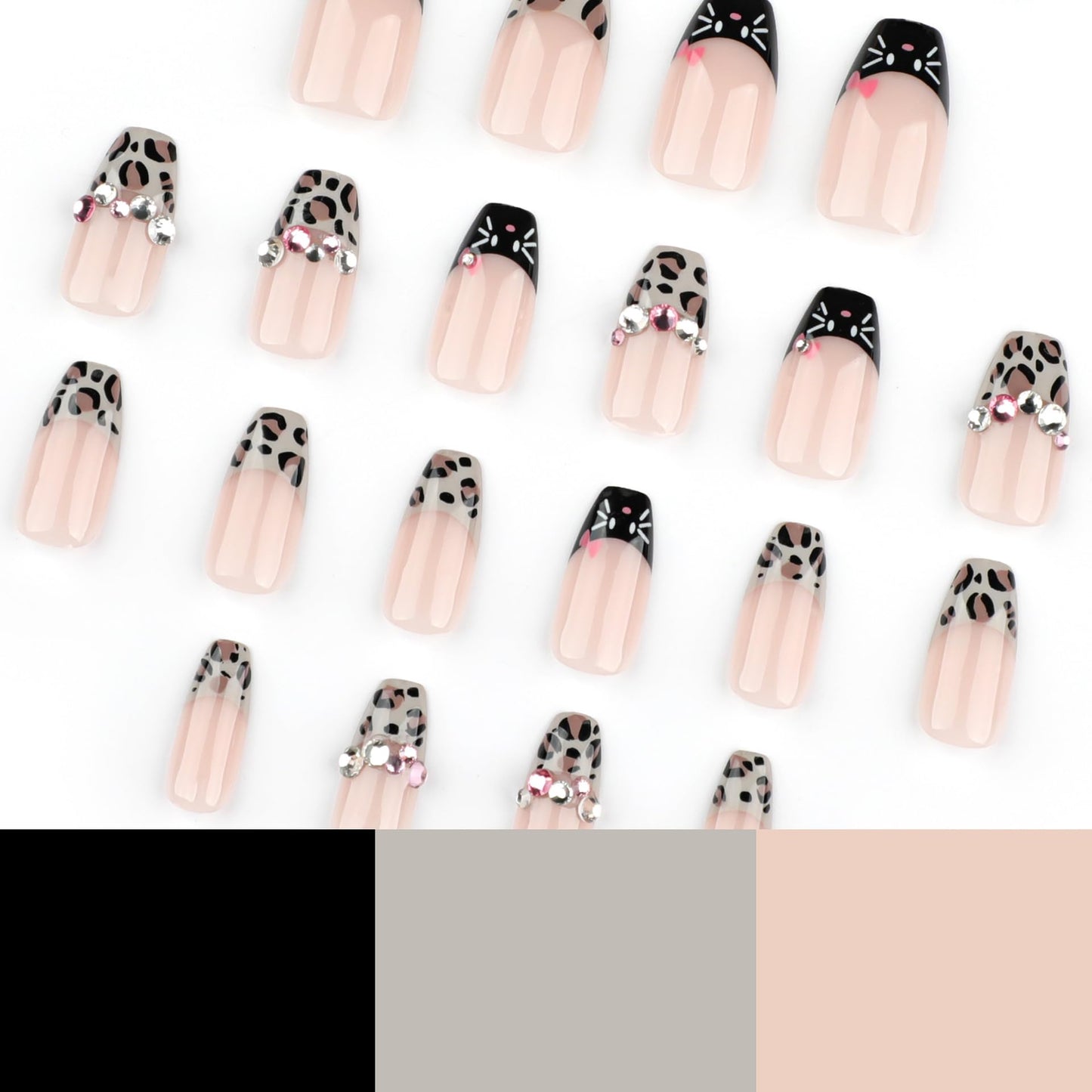 Rilafuvu Press on Nails Medium Ballerina Fake Nails Leopard French Tip Glue on Nail with Rhinestones Designs Acrylic Nails Cute Cat False Nails 24Pcs Coffin Stick on Nail for Women Girls
