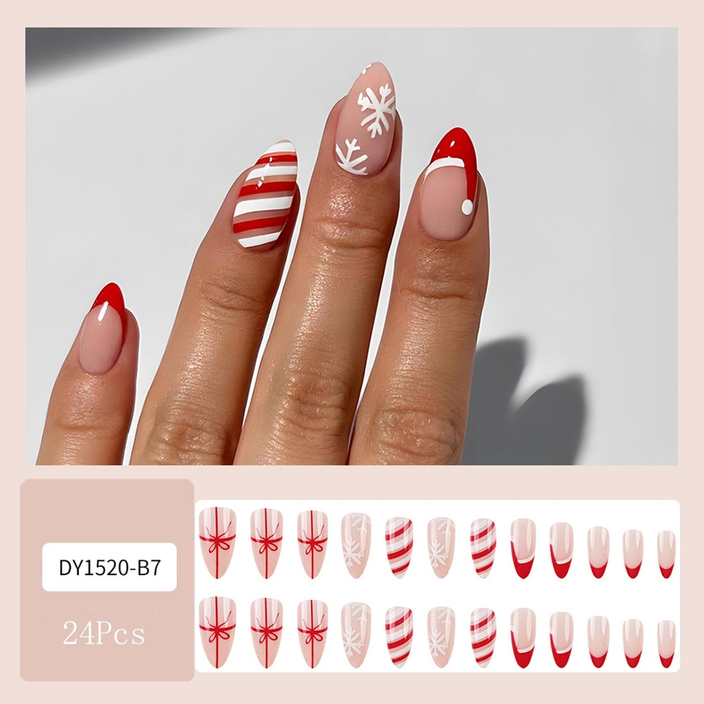 French Tip Press on Nails Christmas Press on Nails Medium Almond Fake Nails with Snowflake Designs Santa's Hat Acrylic False Nails for Women Girls Red White Stripe Stick on Nails 24Pcs Manicure Art