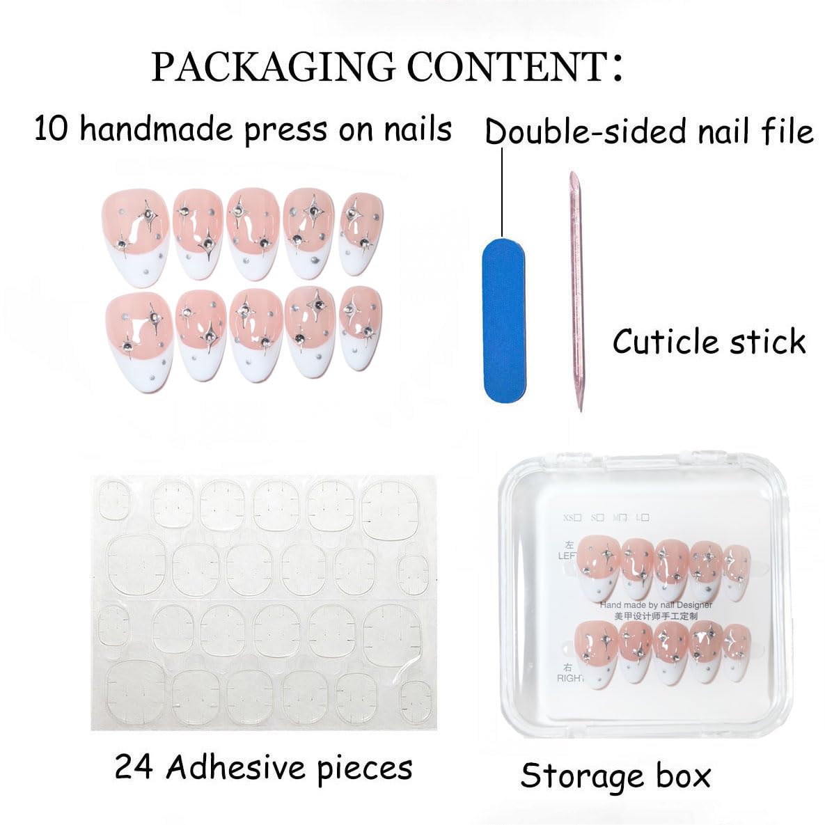 10 Pcs Short Almond Handmade Press On Nails | French Tip with Silver Starburst & Rhinestone Accents | Reusable, Easy to Apply & Remove, Salon-Quality Manicure (RR10, S)