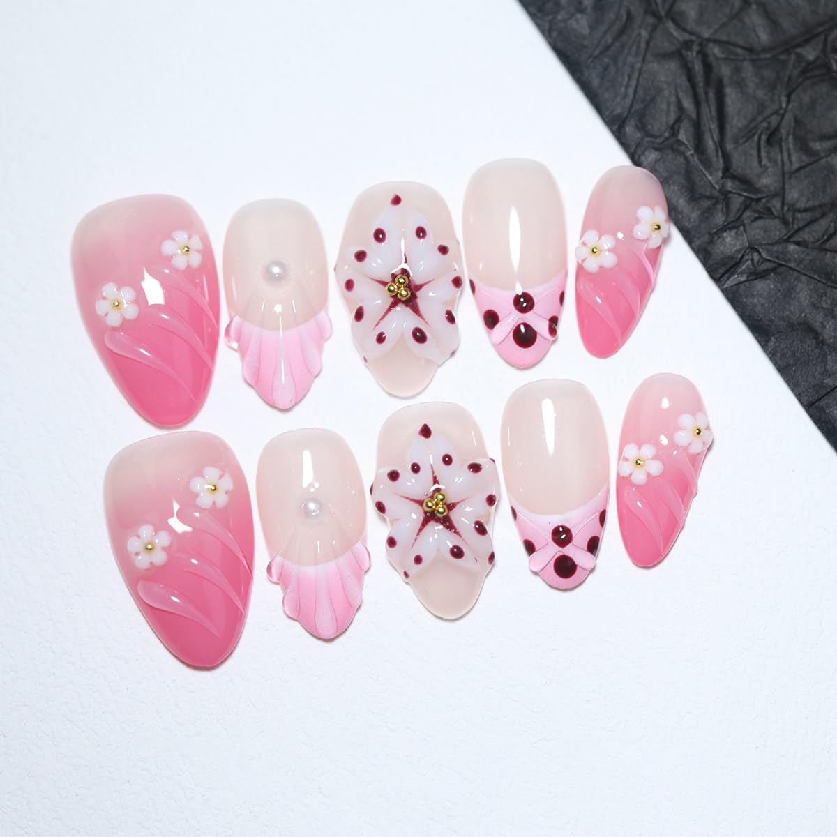 10Pcs Short Almond Handmade Press On Nails | Pink Ombre with Seashell, 3D Floral & Pearl Decor | Reusable Salon-Quality Fake Nails for Women and Girls(PZ01, XS)