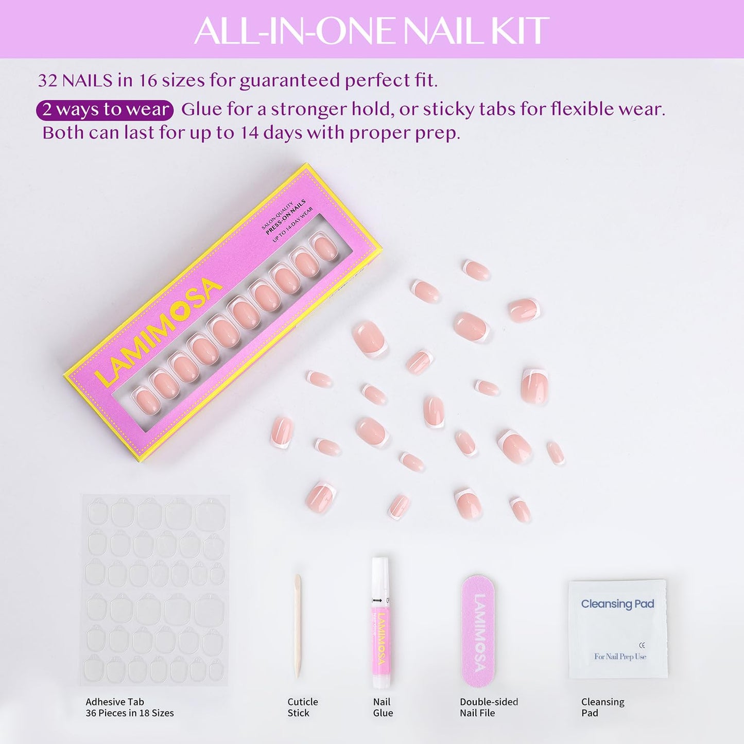 LAMIMOSA 32Pcs White French Tip Press on Nails Short Square – Soft Gel Fake Nails in 16 Sizes, Reusable Semi-Transparent Glue on Nails Kit, FRENCHY