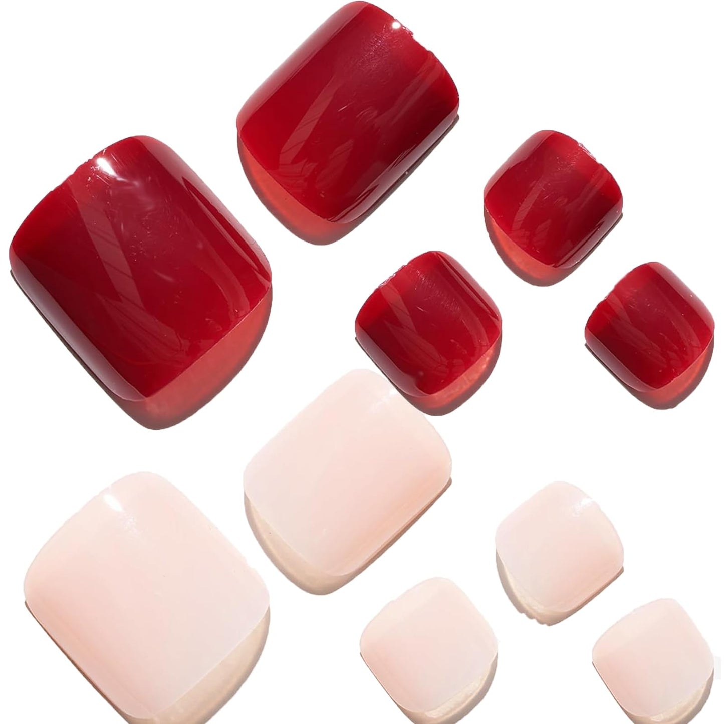 GLAMERMAID Press on Toenails,Dark Red and Nude Toenails Press ons,48 Pcs 2 Sets UV Glossy Glue on Toenails for Women Girls,Reusable Acrylic Stick on Toenails for Spring Summer
