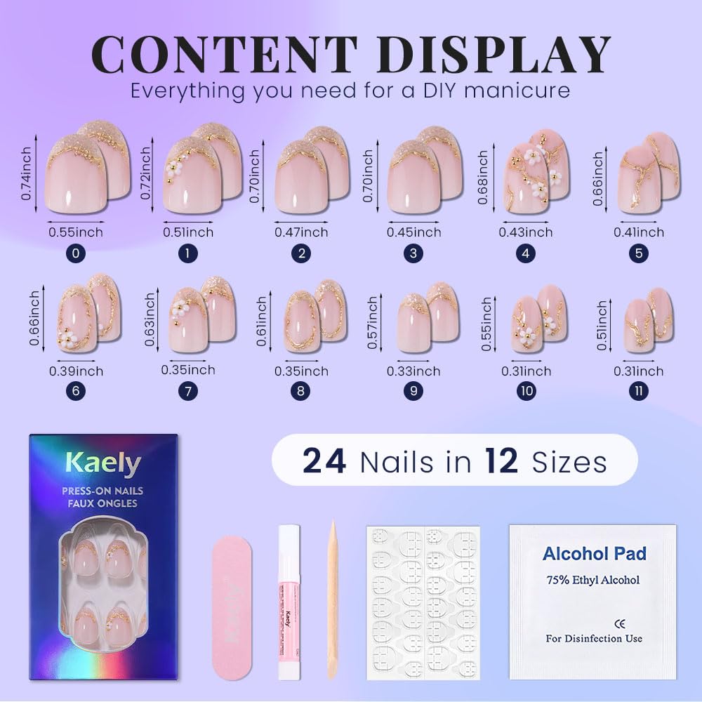 XZMeiLun French Gold Pearl White Flower Press on Nails, Short Round Acrylic Fake Nails Design, Natural Reusable Nails Kit for Women DIY False Nail Art Decoration Gift, Salon Quality Reusable 24 Pcs