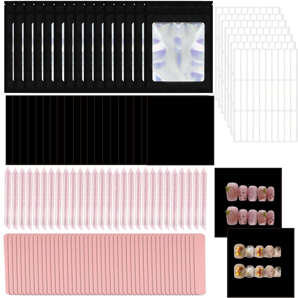 100 Set Press On Nail Tool Kit,Professional Nail Prep Application Disposable Kit With Nail File,Adhesive Tabs,Nails Sticks,Storage Bag and Black Cardboard for Nail Salon Home