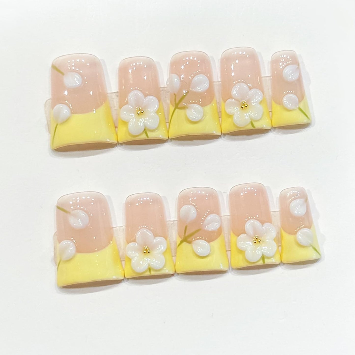 Spring Summer Duck Press on Nails Handmade Press on Nail Luxury Yellow French Acrylic Fake Nails 3D Flower Designs Stick on Nail Full Cover Thickened False Nails for Women Nail Art DIY（Size S 10 Pcs)