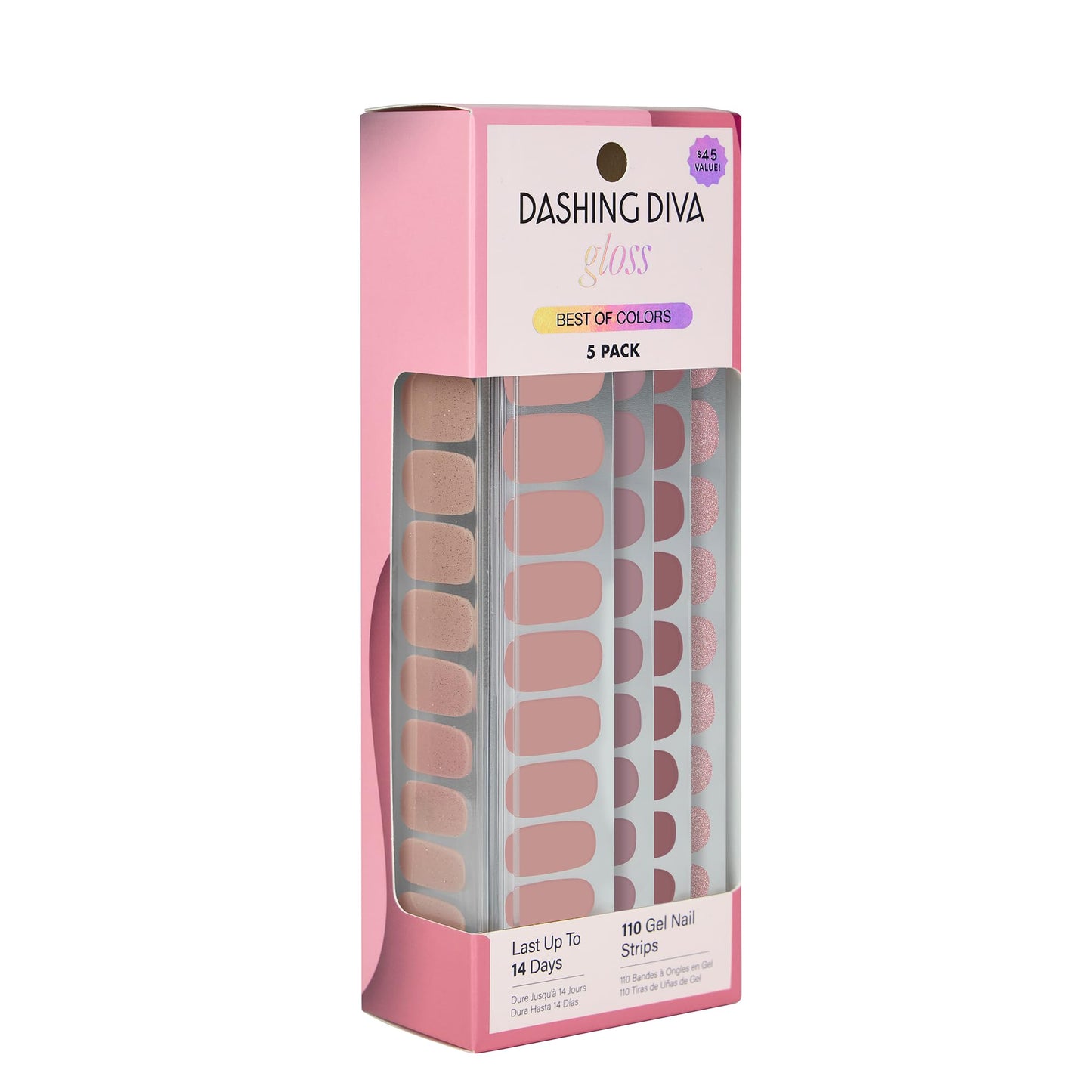 Dashing Diva Gloss Nail Strips 5-in-1 Kit - Best of Nudes - UV Free, Chip Resistant, Long Lasting Gel Nail Stickers - Contains 110 wraps, 5 prep pads, 2 nail files