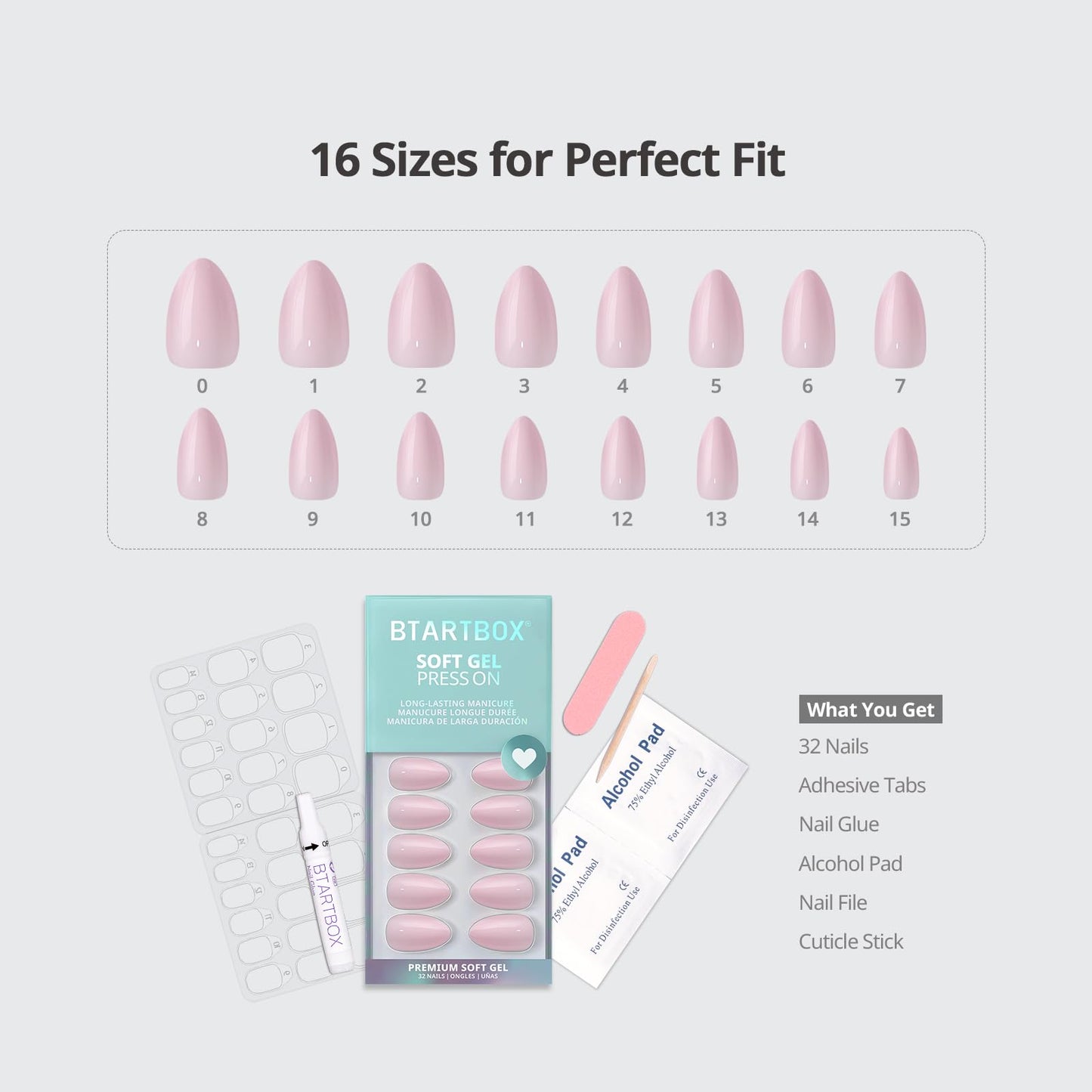 BTArtbox Press On Nails Short - Home CEO, Easy-to-Apply Light Pink Almond Press On Nails with Glue and Adhesive Tabs in 16 Sizes - 32 Nails All-in-One Kit