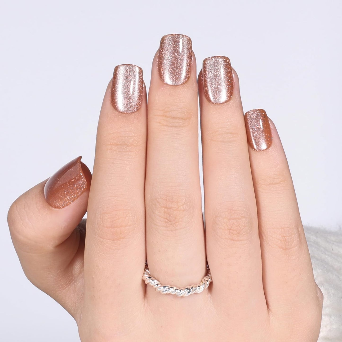 Leefrei Cat Eye Press On Nails Short Square - Warm Gold Brown Shimmer Nails Press ons Reusable Glue On Nails for Women, 15 Sizes 30 Pieces Nail Kit with Glue, Amber Gold