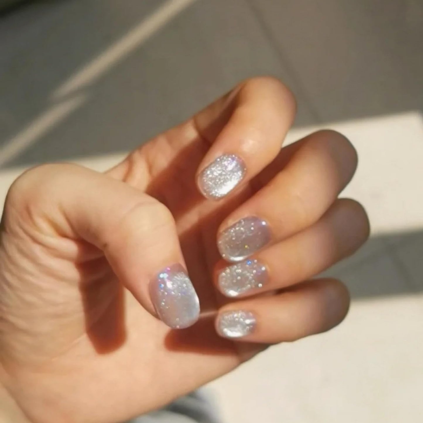 Cat Eye Press on Nails Handmade Short Oval/Square/Round False Nails with French Tip/Aurora/Magnetic Shimmer Designs (Glitter#Flowering Shrubs, Small)
