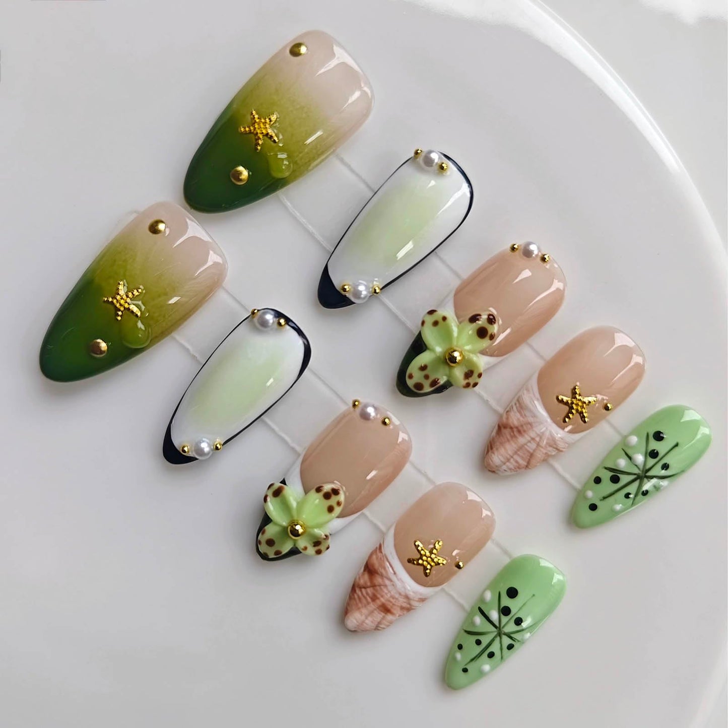 Gleamrain Almond Medium Handmade Press on Nails for Women, Handcrafted Floral Design Green Reusable Full Cover Fake Nail for Daily Wear Summer Vacation Use Set D304