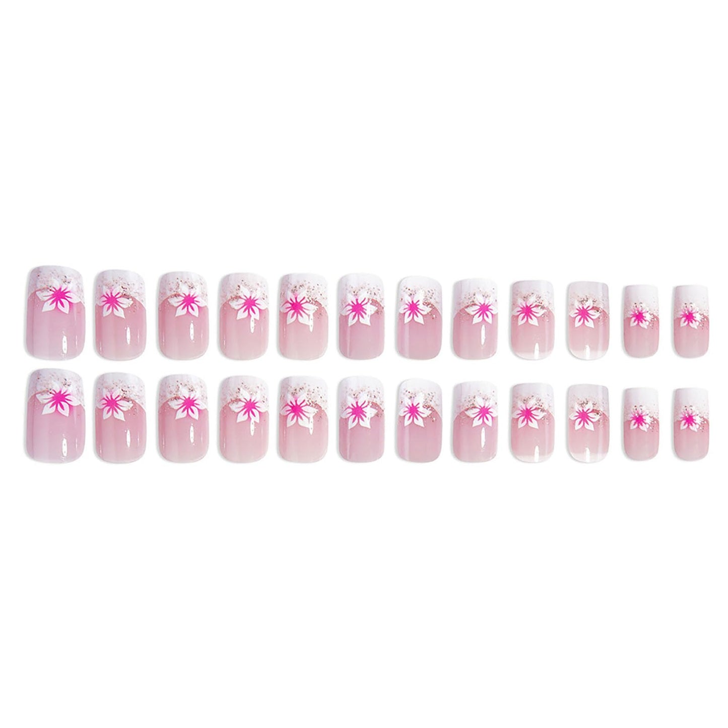 RTKHFZE French Tip Press On Nails - Acrylic Nails Press ons Medium Square fake Nails Pink Full Cover False Nails with Designs Glitter Flower Glue on Nail for Women and Girls 24Pcs