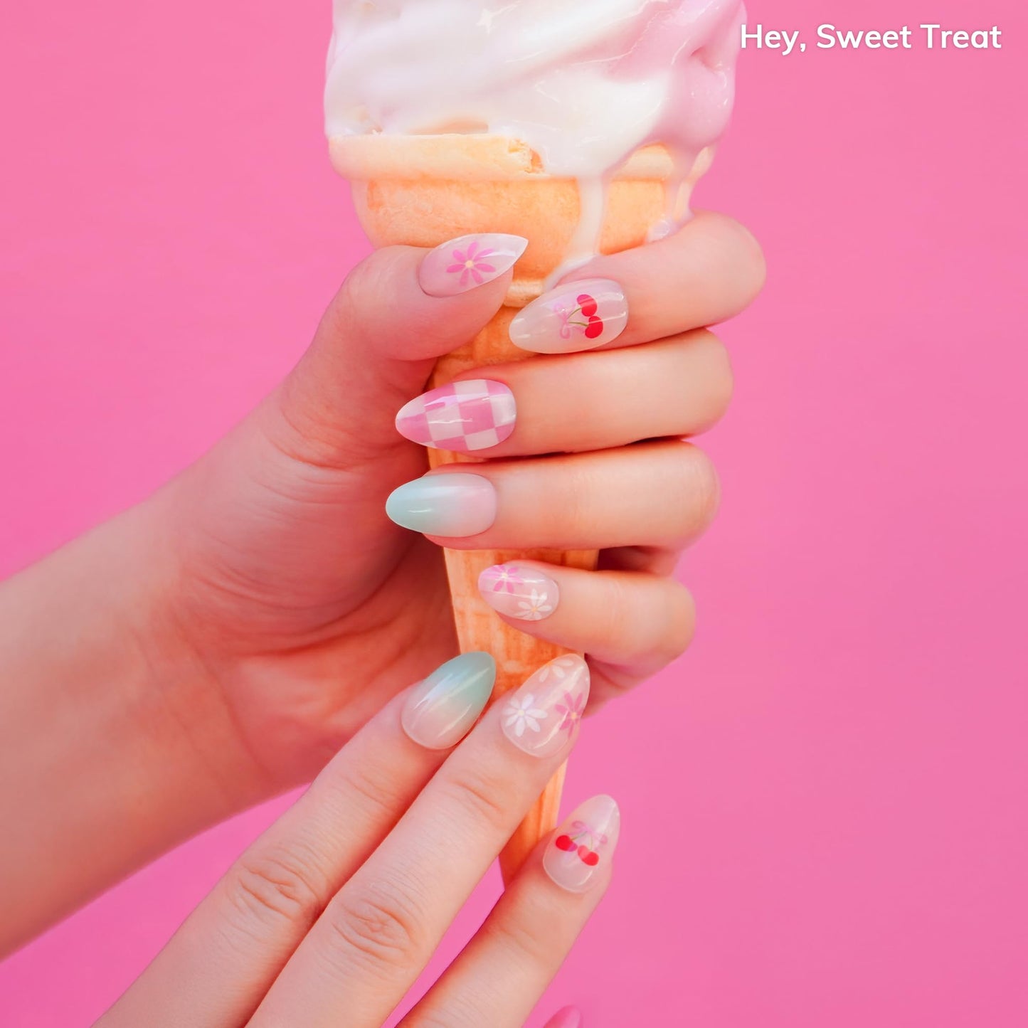 Heyhae Semi Cured Gel Nail Strips | No LED Lamp Needed | Summer, Ombre, Cute | Easy Apply & Remove, Salon Quality | Includes 28 Strips, 1 Prep Pads, Nail File & Wooden Stick - Hey, Sweet Treat