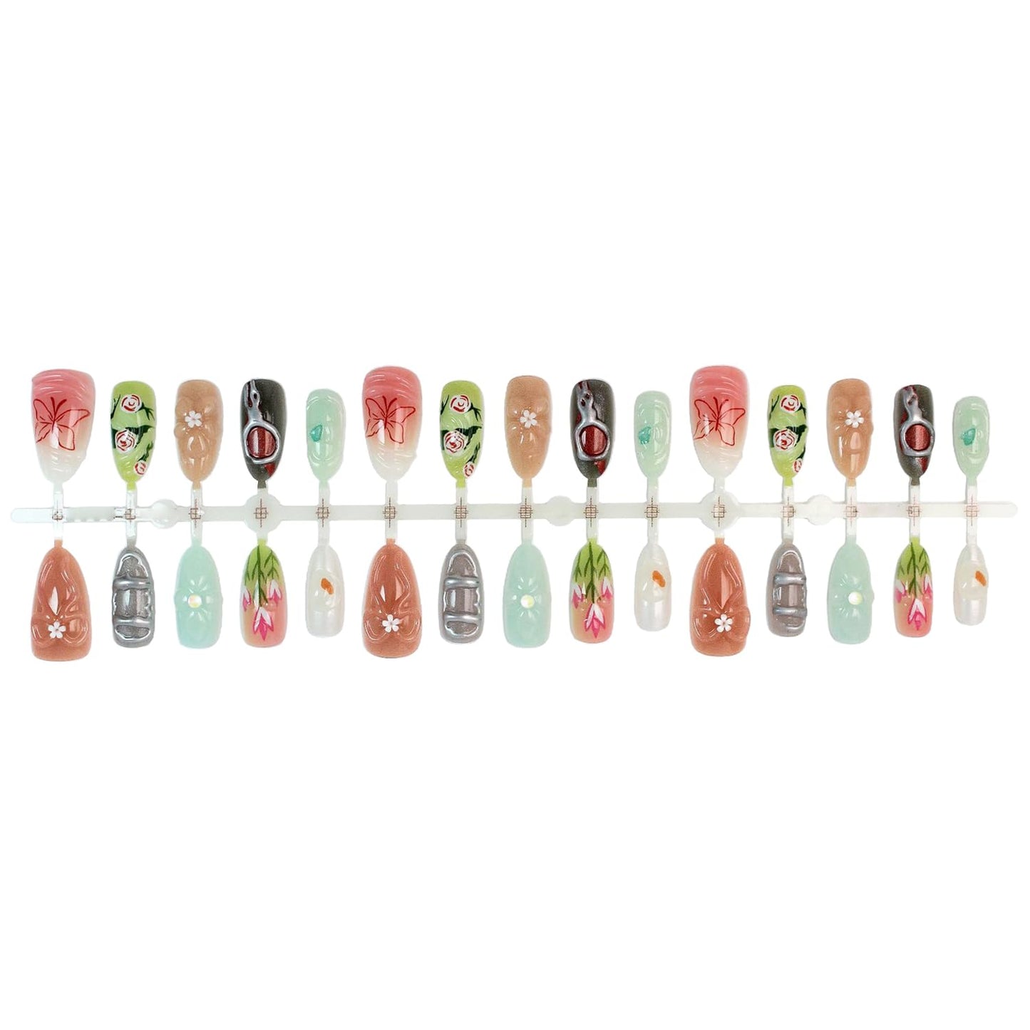 30Pcs Flower Press on Nails Medium Almond Fake Nails with 3D Rhinestone Designs Rose Tulip Floral False Nails Chrome Silver Glue on Nails Glossy Full Cover Cute Butterfly & Bow Acrylic Nail for Women