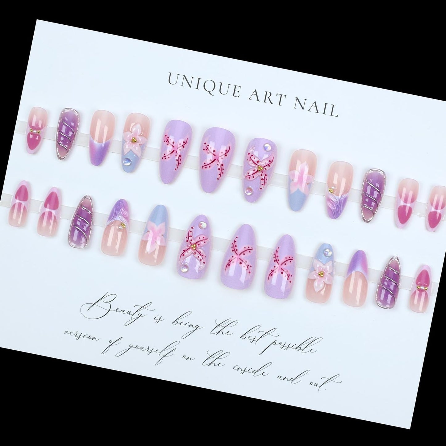 Spring Summer Press On Nails Medium Almond Fake Nails French False Nails With Flower Starfish Designs Acrylic Nail Press Ons Full Cover Glue On Nails Stick On Nails For Women 24Pcs