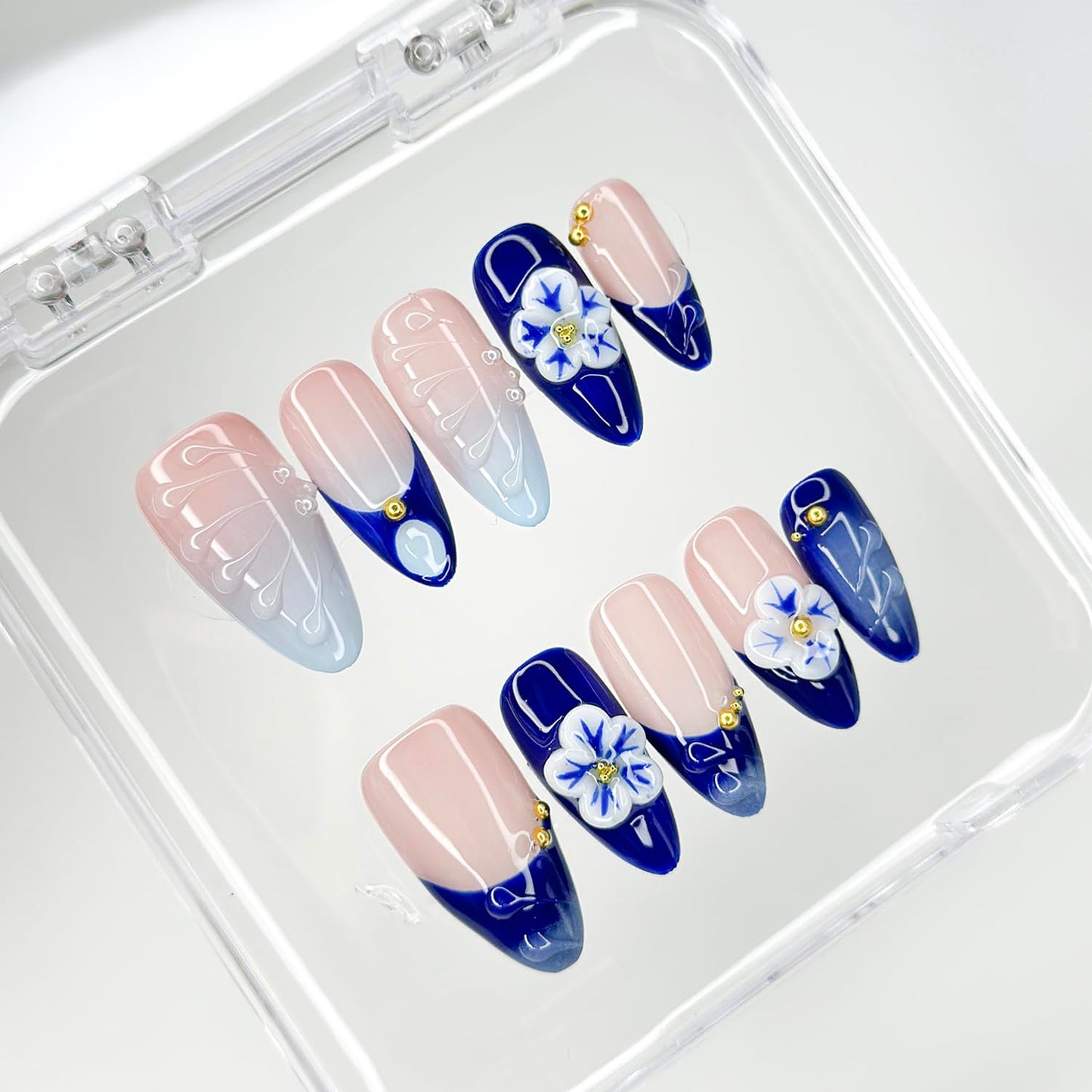 Luxury Press on Nails Medium Almond Handmade 3D French Tip Unique Reusable ABS Material Fake Nails Blue False Nails with Designs Pearls Floral Art Petal Glossy Glue on Nails Thick Acrylic Nails(S)