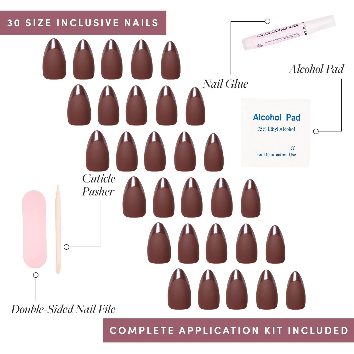 Glamnetic Press On Nails & Brush On Nail Glue Bundle - Terra | Matte Short Almond Brown Nails with Glossy French Tips, Reusable | 15 Sizes - 30 Nail Kit with Glue