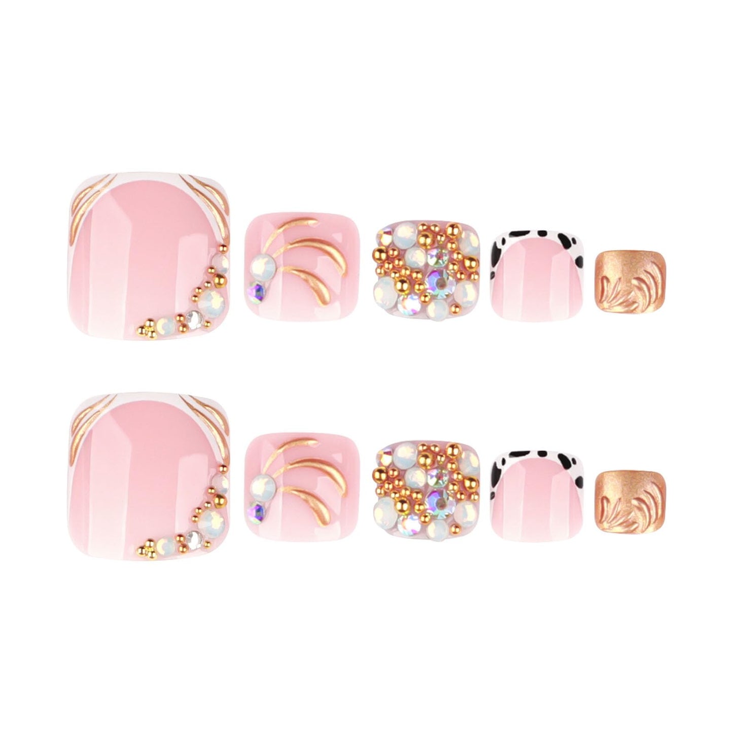 RUOKEXIN Short Press on Toenails French Tip Fake Toenails with Gold Rhinestones Designs Square Toe Nail Press ons Sparkly Artificial Nails for Women 24Pcs