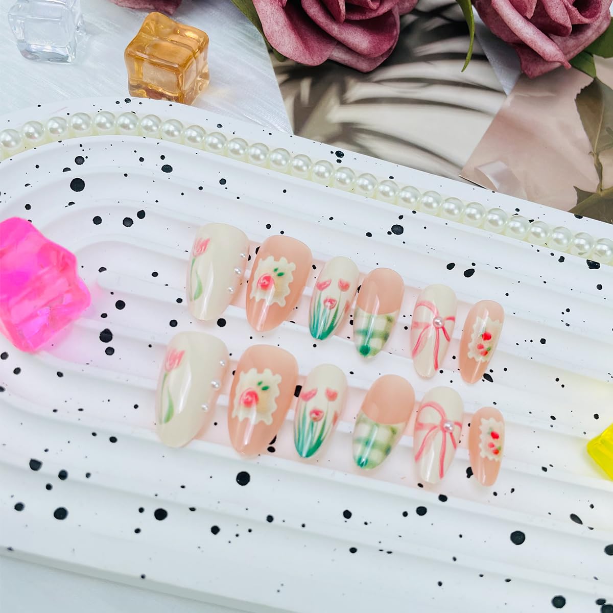 LRKNNO Cute Spring Press on Nails Almond Shape Medium Fake Nails with Small Flower Strawberry Bow Designs Green French Tip Glue on Nails Glossy Pink Acrylic Nails for Women Summer Manicure 30Pcs