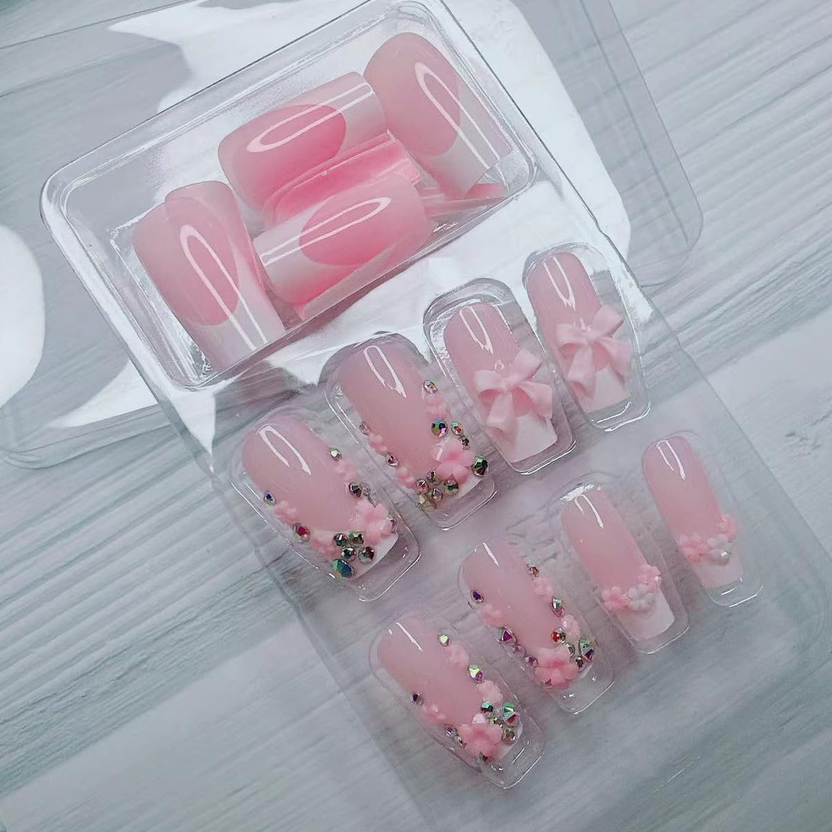French Tip Press on Nails Medium Length Fake Nails 3D Bow Flower Design Nude Color French Nail Tips Charms Nails Rhinestones Nails for Women Daily Wear Cute False Nails 24Pcs