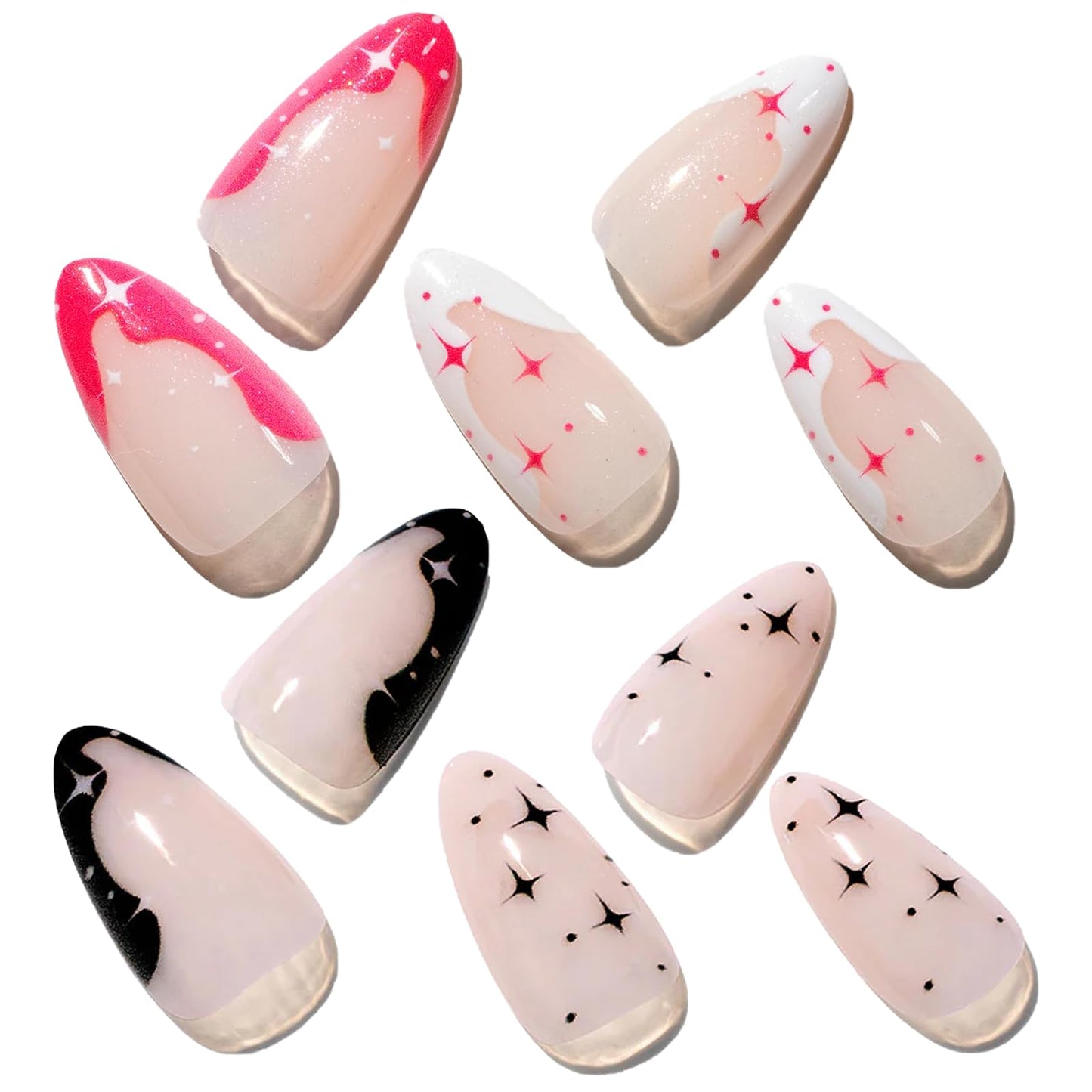GLAMERMAID Nude Pink Press on Nails Medium Almond, Black White French Tip Stiletto Stick on Fake Nails for Women Gift, Nude Press on Nails Medium Almond， Glitter Star Short Oval Glue on Nails Gel
