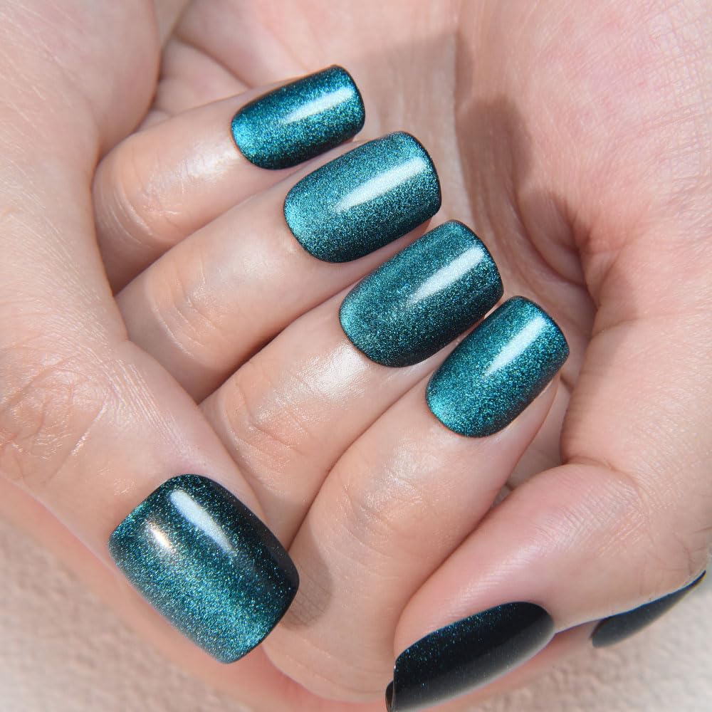 evpct Peacock Blue Cat Eye Press on Nails Short Square, Short Square Stick on Nail for Women Gift, Sapphire Blue Metallic Glitter Reusable Gel Press on Acrylic Fake Nail with Cat Eye Designs