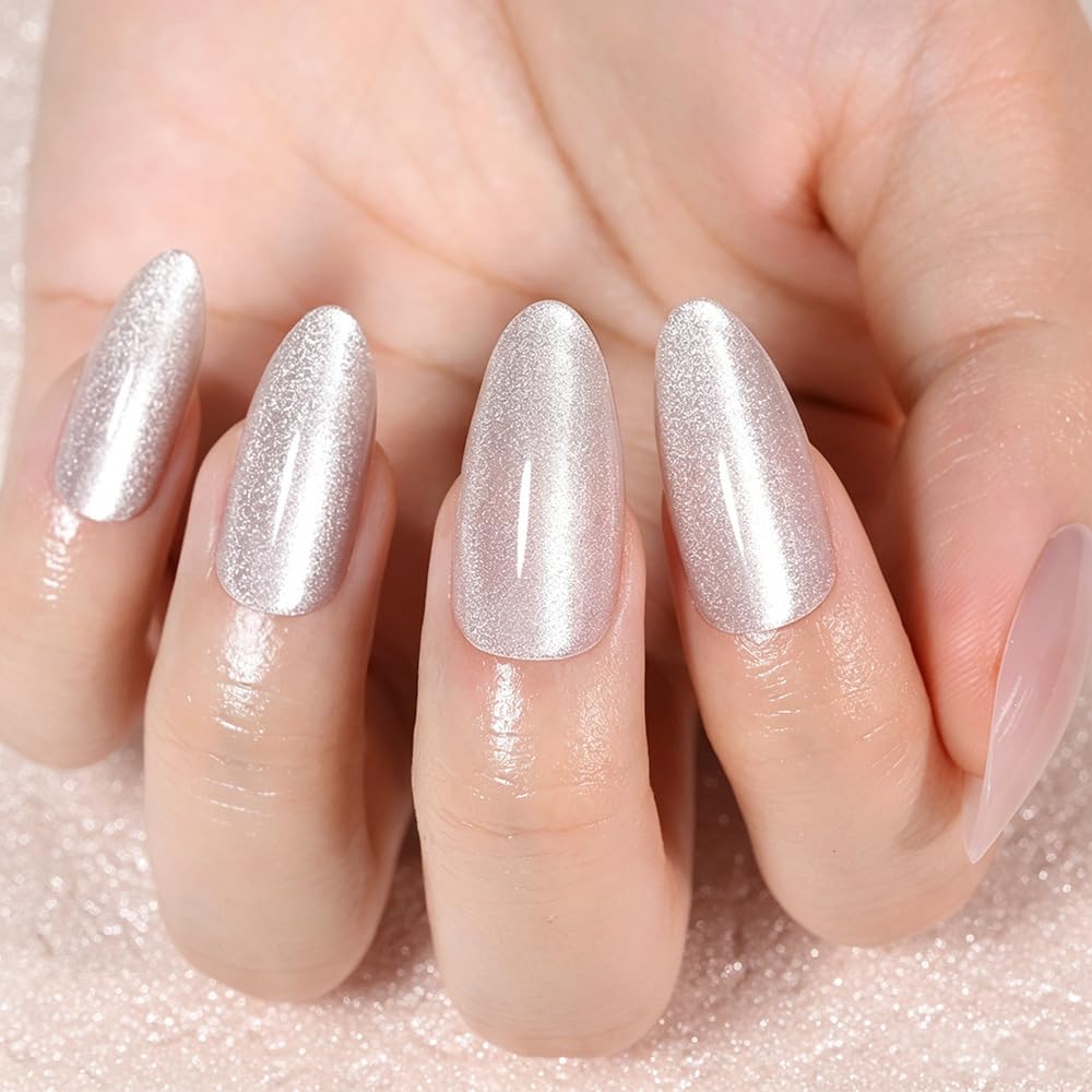 evpct Pearl Cat Eye Press on Nails Almond Medium for Women, Pearl White Medium Almond No Glue Stick on Nails with Cat Eye Design, Holographic Glossy Soft Nail, Reusable Press on Acrylic Fake Nail
