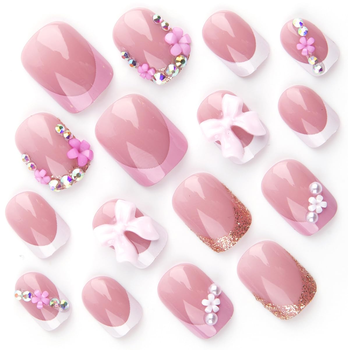 Bow Press on Nails Short Square Fake Nails French Tip Nail Press ons with Rhinestone Design Flower Glue on Nail Glossy Full Cover Artificial Acrylic Stick on Nails for Women Girls Manicure 24Pcs