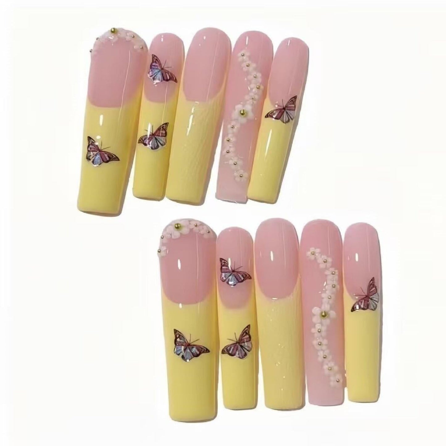 MikaJayboo Handmade Press on Nails Long Coffin Yellow French Tip Fake Nails with Butterfly & Rhinestone for Women Glue on Nails for Party Daily Manicure 10Pcs (Size M)