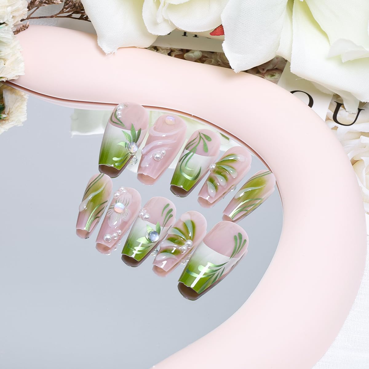 24Pcs Gradient Green Press on Nails Medium French Tip Fake Nails 3D Green Flower Glue on Nails with Pearl Rhinestones False Nails Summer Square Acrylic Nails Handmade Artificial False Nails for Women