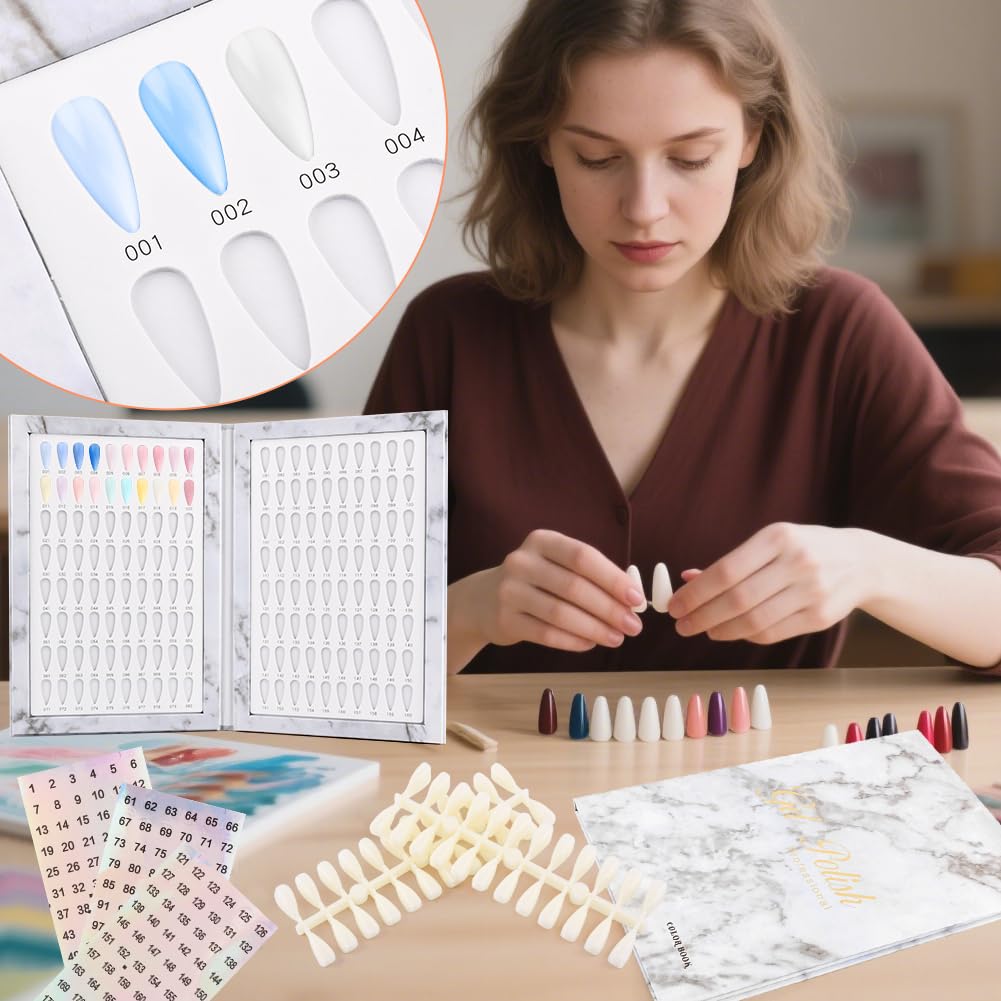Yonderfume 160 Nail Color Book Nail Swatches Book with 240 NailTips and Number Sticker Labels, Professional Nails Color Swatches Plastic Nails Sample Display