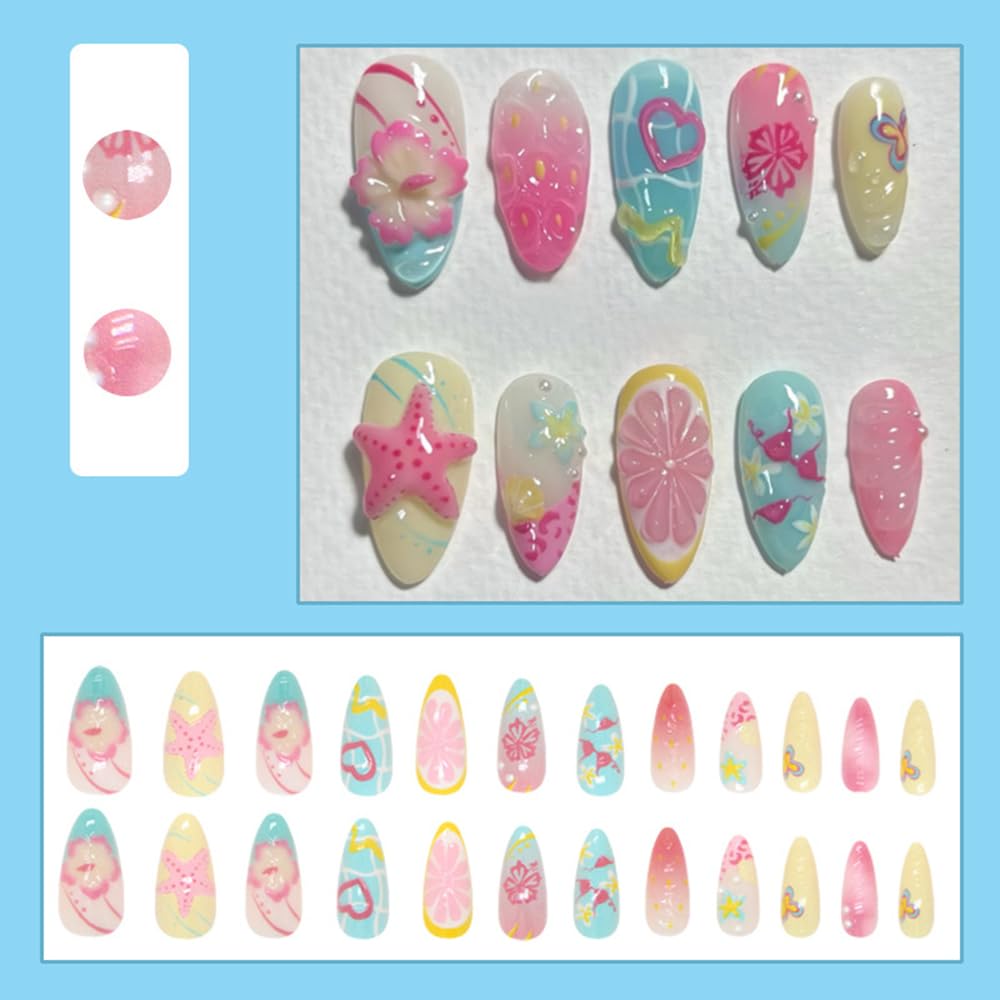 24 Pcs Summer Press on Nails Short Almond,MINGCHUN Ombre French Fake Nails Press ons Acrylic Nail Art Tips Kit Full Cover False Nails Glue on Nails with Flowers Pearl Design for Women Nail Supplies