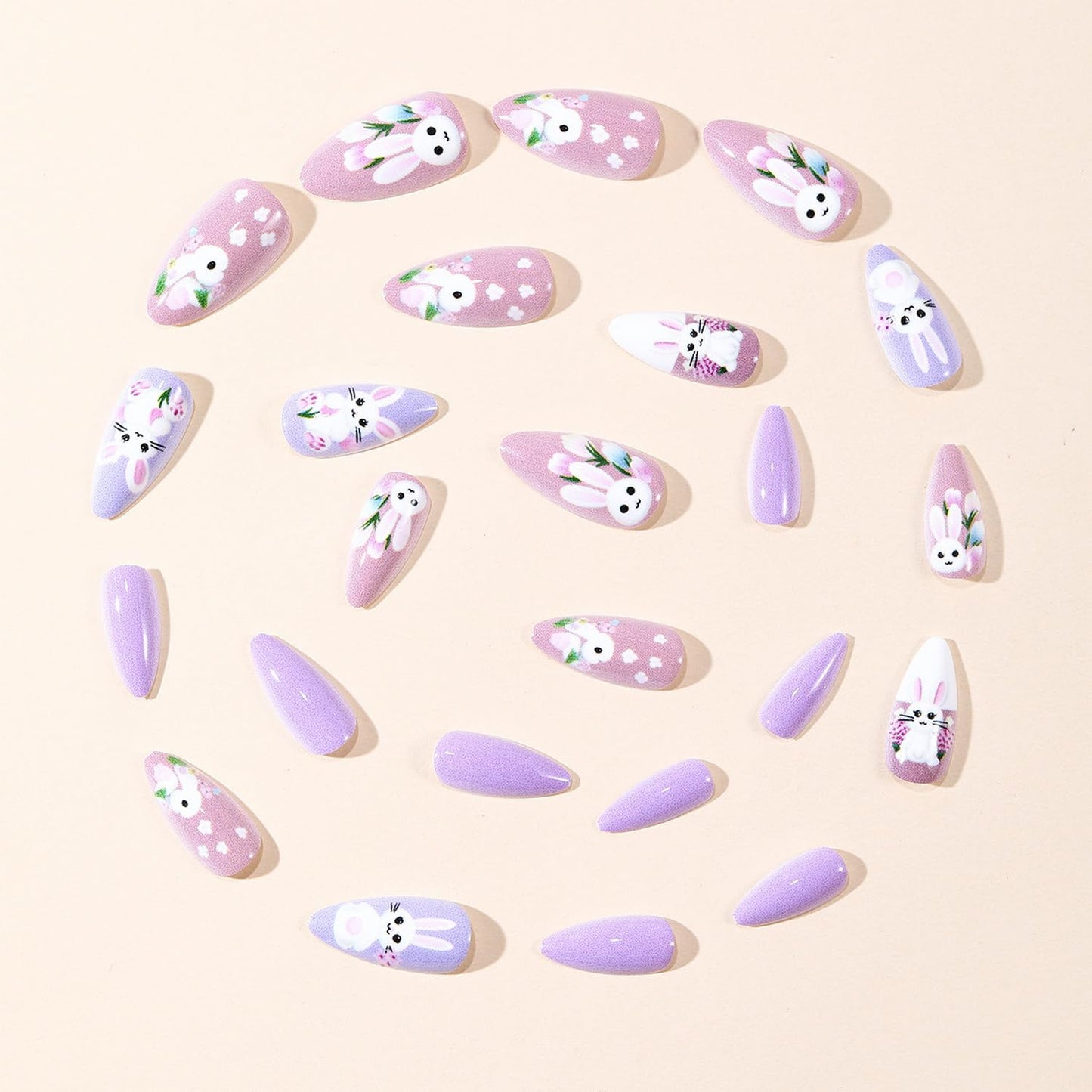 Easter Press on Nail Long Medium Fake Nails Purple Pink with Bunny Flower designs Full Cover Almond Shape Press ones Cute Glue on Nails Glossy Spring Stick on Nail for Women Manicure24pcs