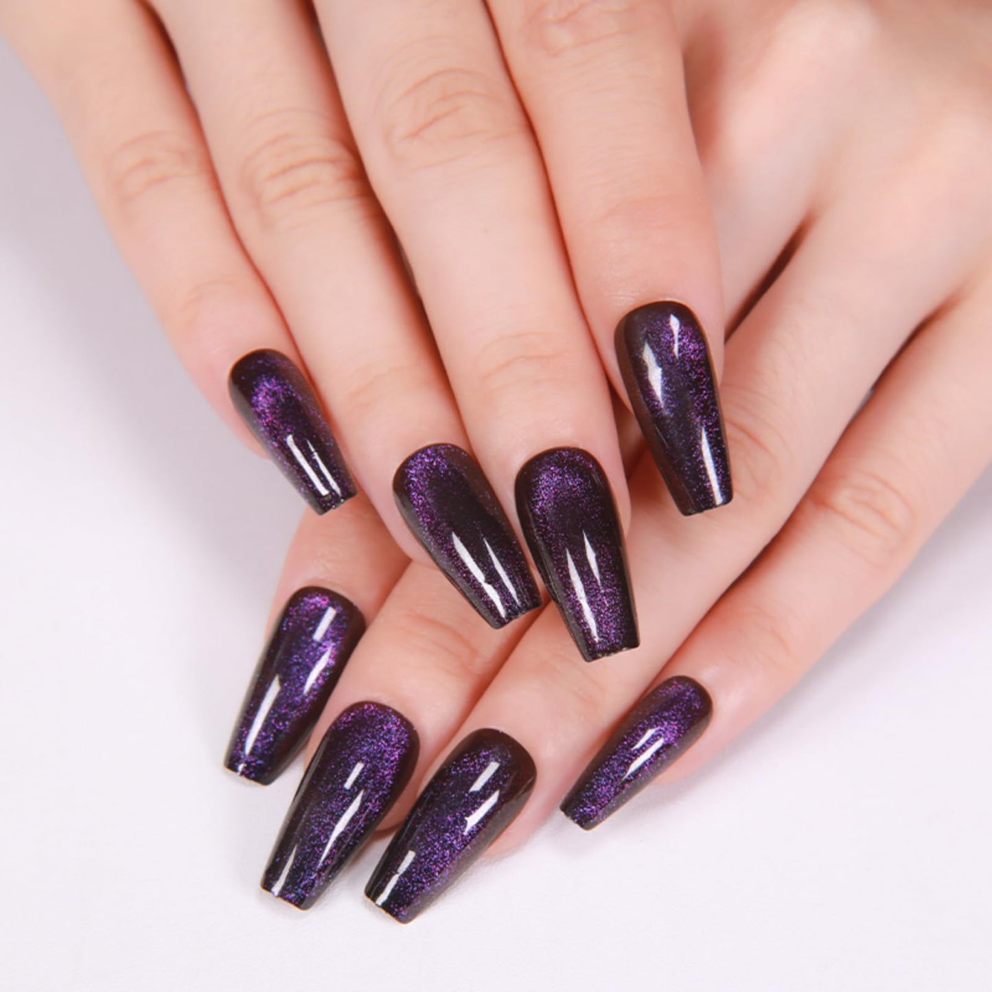 Gentle Claws Press On Nails - Midnight Purple | Dark Purple Glitter Velvet Nails, Medium Coffin Squared Press On Nails with Cat Eye Design for Women and Girls, 24 Pcs Reusable Fake Nails