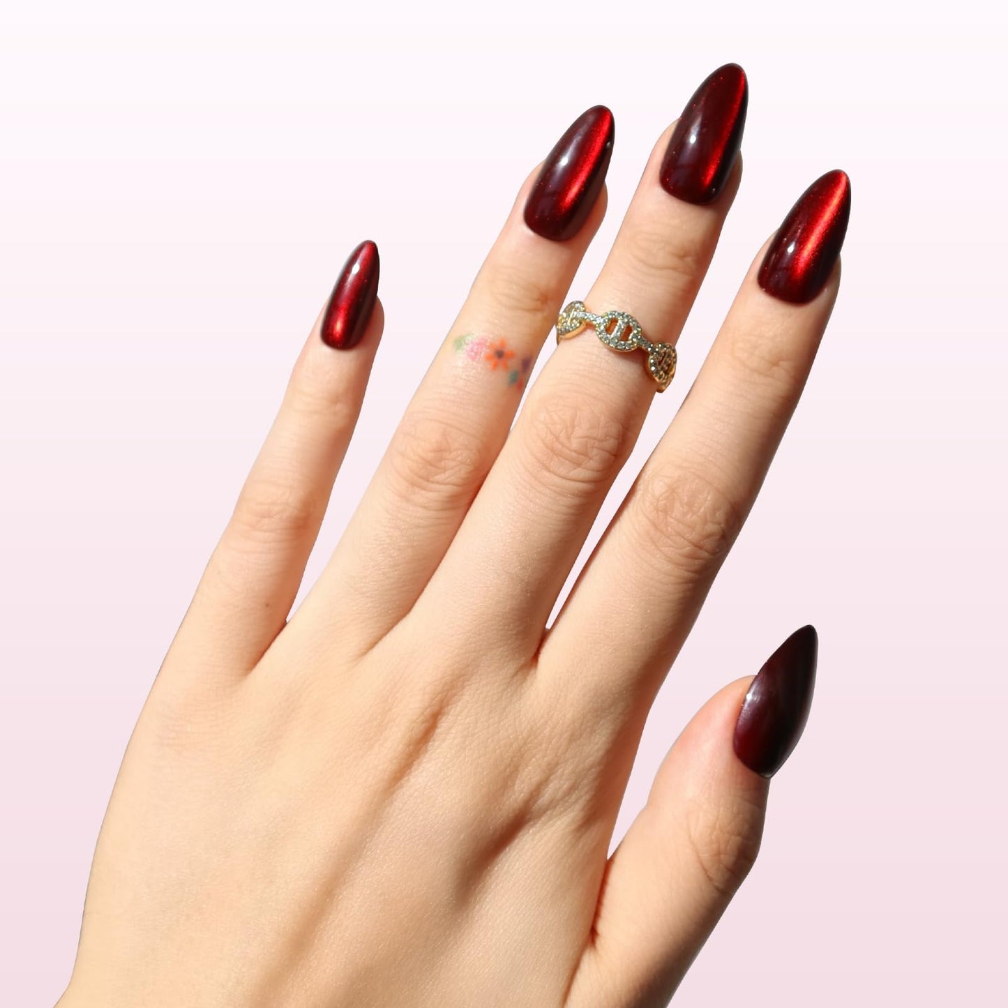 Nail Reformation Press On Nails, Burgundy Red Medium Almond Fake Nails with Cat Eye Velvet Finish, Natural Reusable Opaque Stick On Nails in 15 Sizes - 30 Nail Kit with Glue, Manicure Gifts for Women