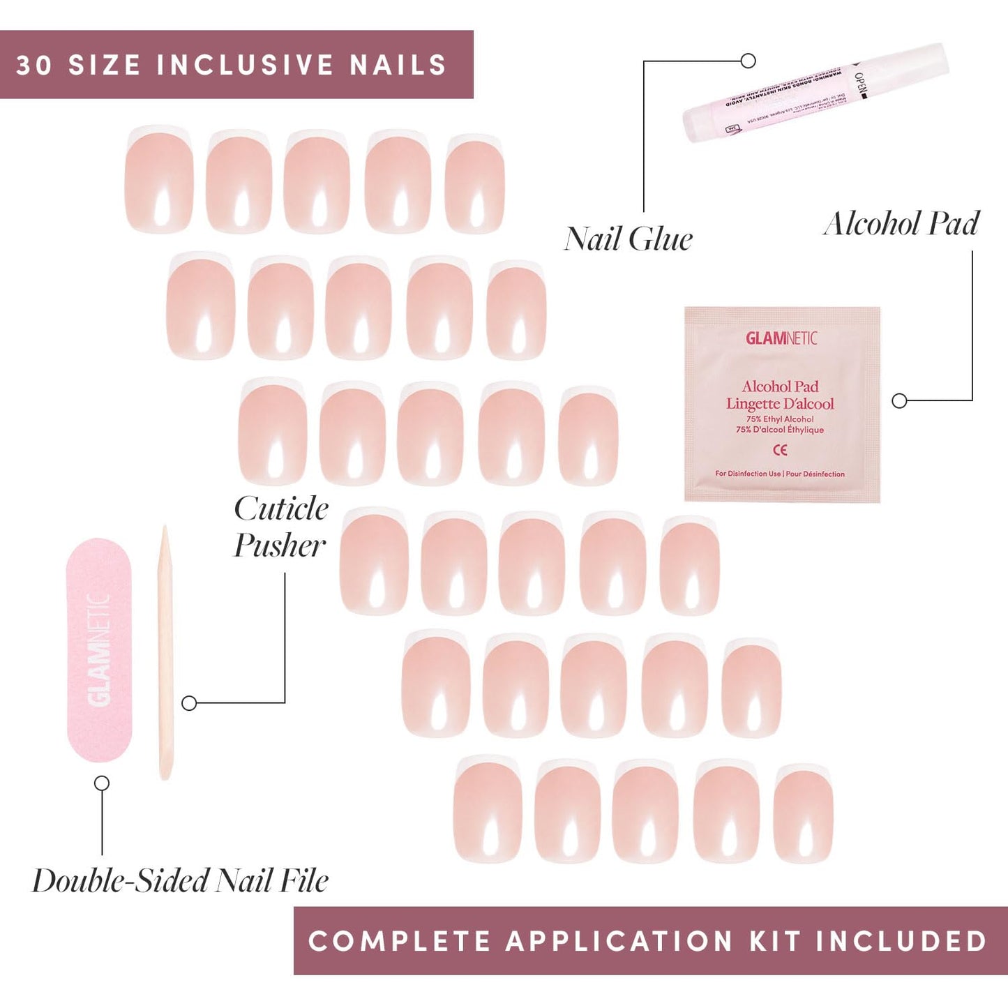 Glamnetic Press-On Nails Bundle - Fairy Dust, La Perle, Goal Digger| Beige-Pink Oval | Squoval White French Tips | Glossy, Semi-Transparent Short Round | Reusable Nail Kits
