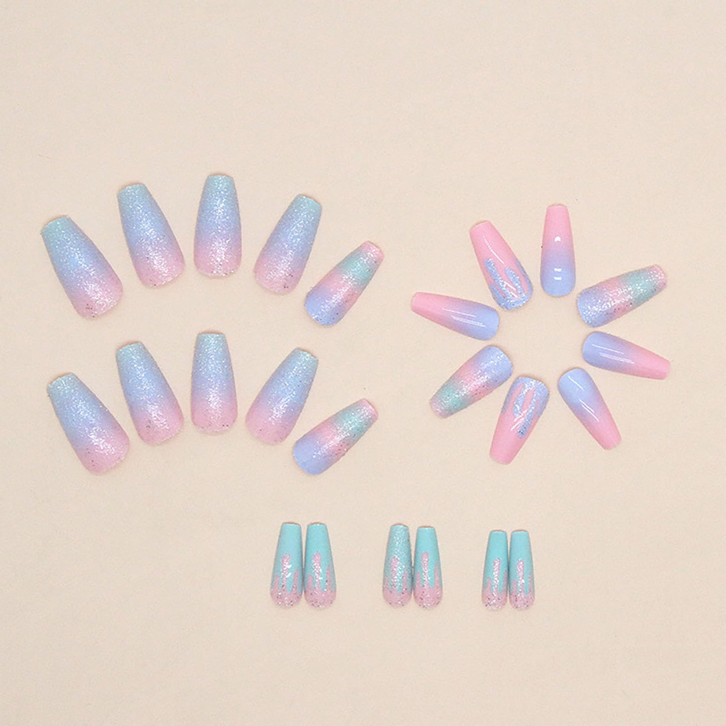 STADWWK Coffin Press On Nails Medium, 24pcs, Plastic, Glossy, Blue Pink, Silver Glitter Gradient Designs, Art Deco, Quick To Put On, Full Well Tips, False Nails